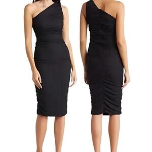Love By Design Sexy Bodycon Midi Dress Ruched Sleek One Shoulder Black W S NWOT